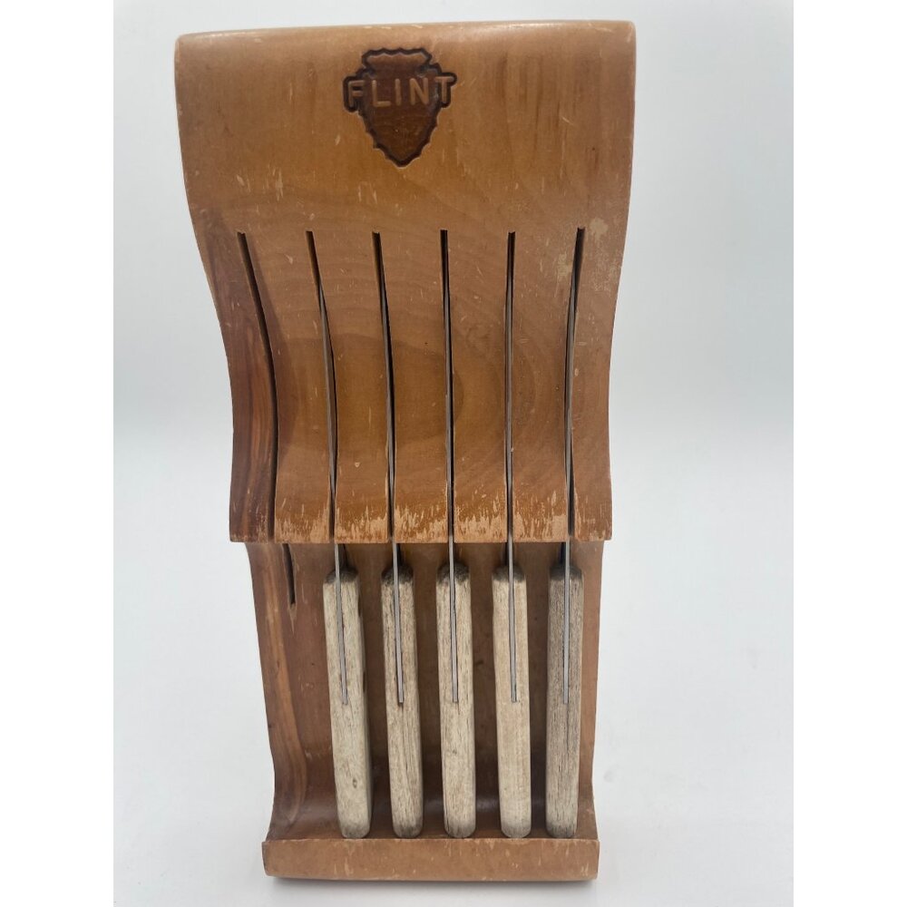Vintage Flint Stainless Steel Steak Knife Set With Wood Block Holder